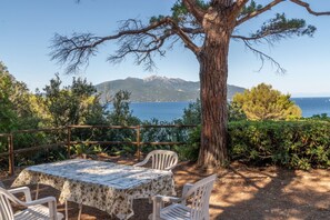 An outdoor seating area with a table and chairs, a large tree, and a view of the sea and mountains. - Vista Sull'Enfola - Goelba (Portoferraio)