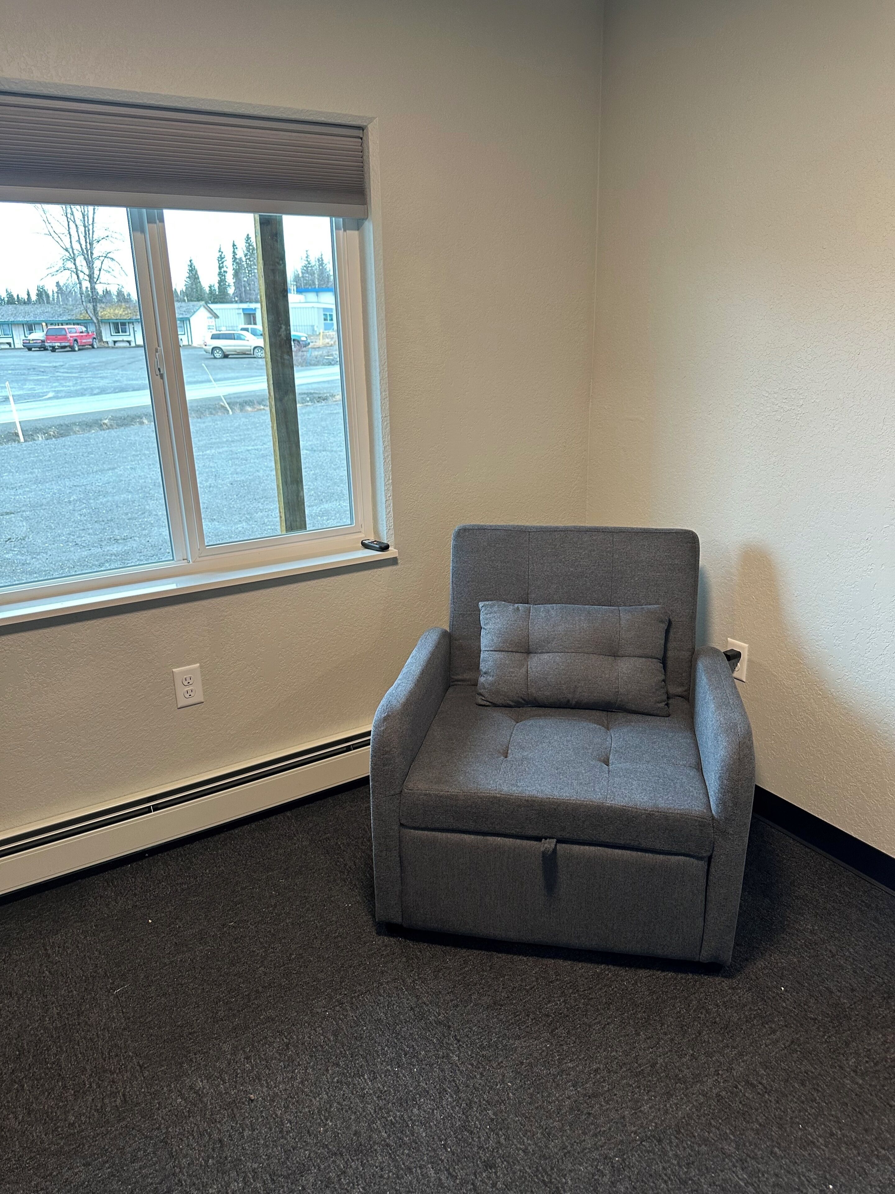 A corner room with a grey armchair, a large window, and a carpeted floor.