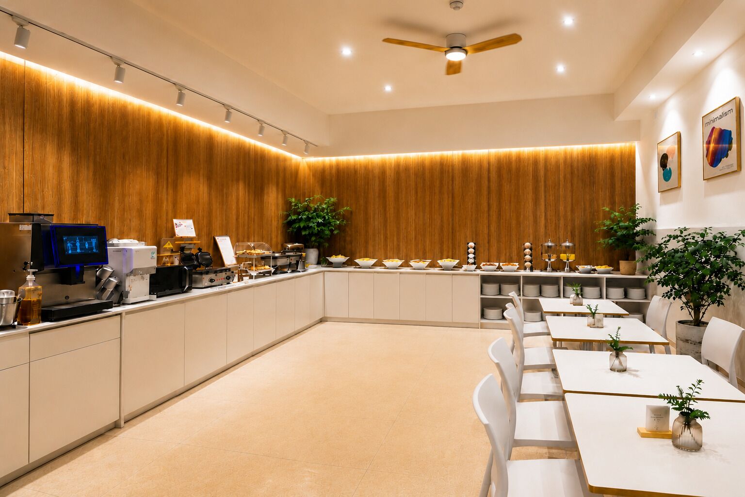 A modern dining area with a long counter, buffet, and seating.