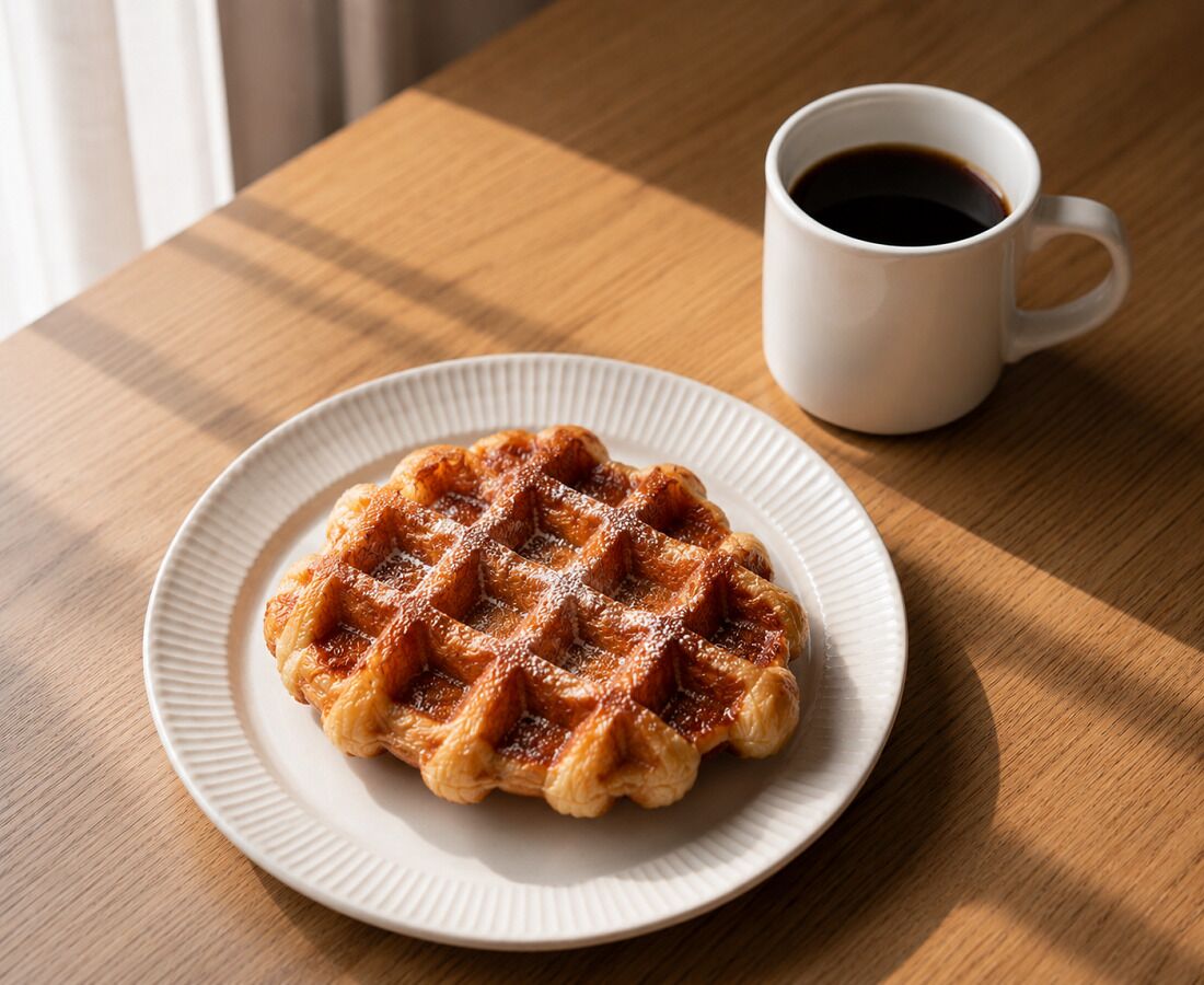 A waffle on a white plate with a cup of coffee on a wooden table.