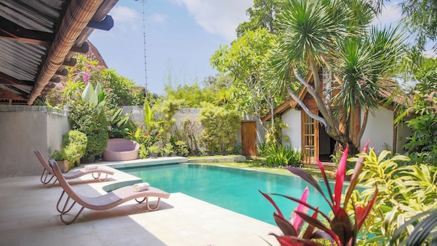 A swimming pool with lounge chairs, surrounded by tropical plants and a house with a tiled roof. - Villa Sara (Badung)