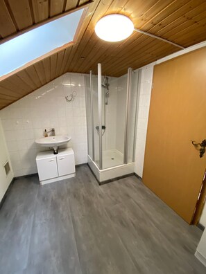 Une salle de bain moderne avec une douche à parois de verre, un lavabo blanc et un plafond en bois.