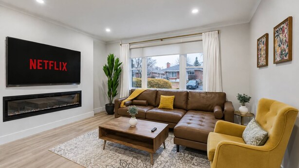 A living room with a sofa, armchair, coffee table, fireplace, and a large TV screen displaying 'NETFLIX'. - Downtown luxury house close to the nature (Ottawa)