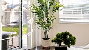 Una planta en maceta de fibras sobre un piso de madera, cerca de una ventana con persianas.