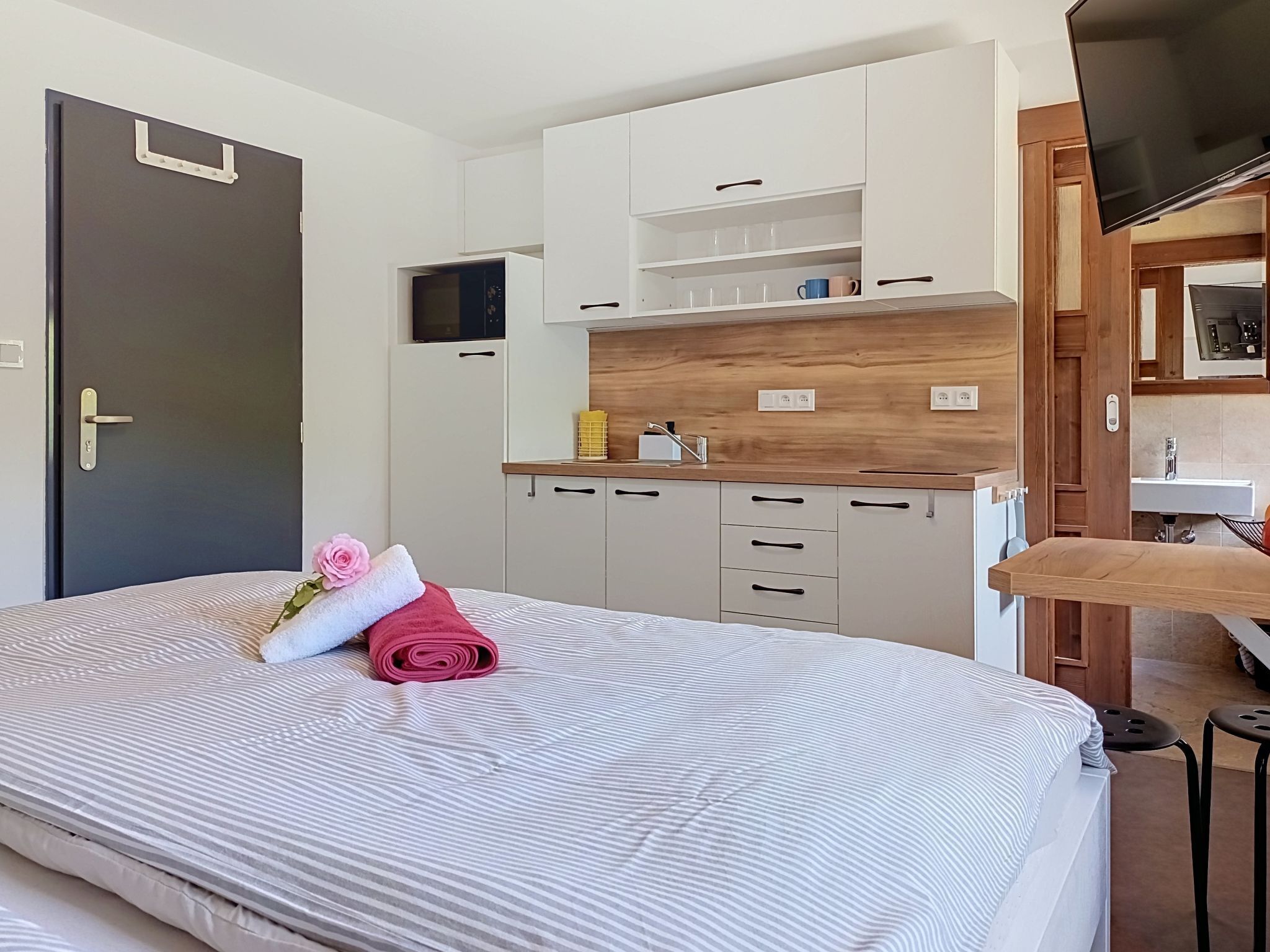 Une chambre avec un lit, un petit coin cuisine, une télévision et une porte.