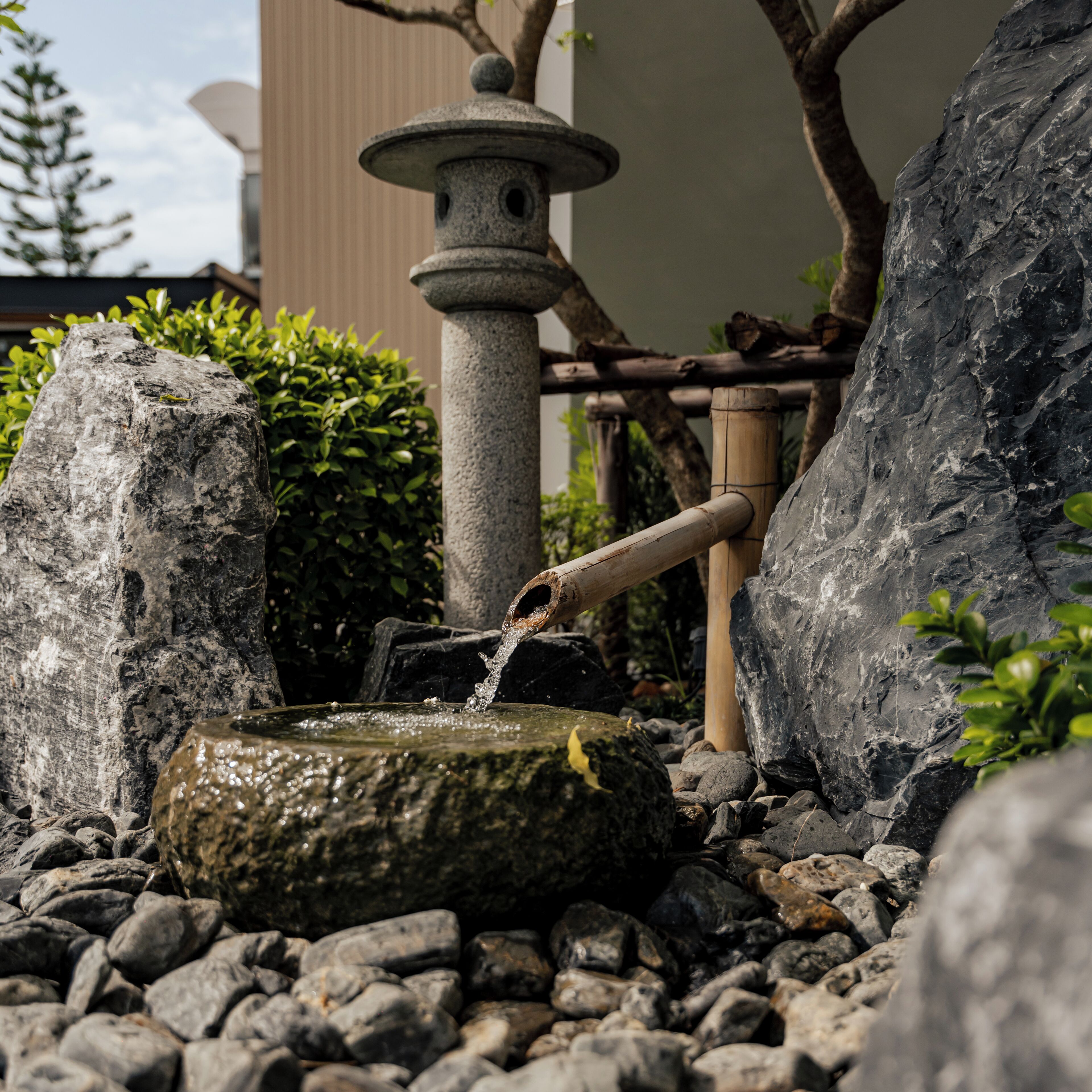 A traditional stone water feature with a bamboo spout, surrounded by rocks and greenery.