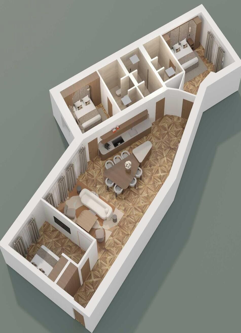 Un modèle 3D d’une chambre d’hôtel comprenant un lit, un coin salon et une salle de bain.