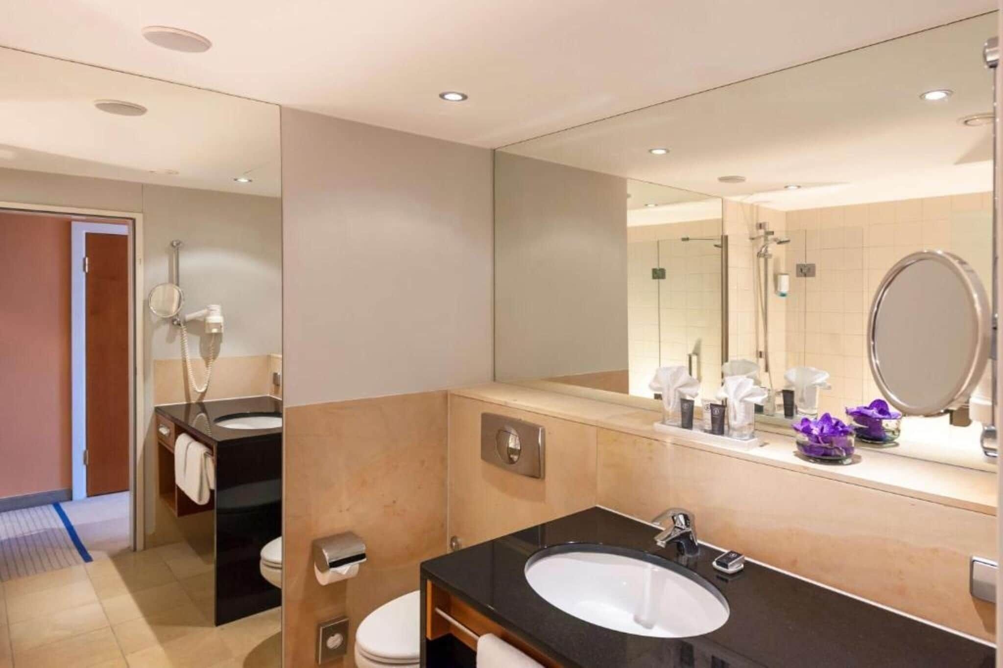 A modern bathroom with a large mirror, a sink, a toilet, and a shower area.