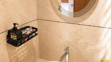 Shower, towels, soap, shampoo