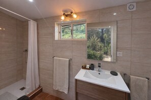 Habitación individual estándar, patio, vista a la alberca | Baño | Regadera, secadora de cabello, toallas, papel de baño 