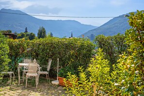 Un espace extérieur aménagé avec des chaises et une table en métal, entouré d’une végétation luxuriante et avec une chaîne de montagnes en toile de fond.