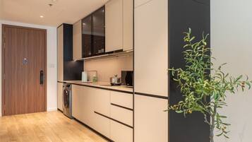 Een moderne keuken met een inbouwoven, een wasmachine en een plant.