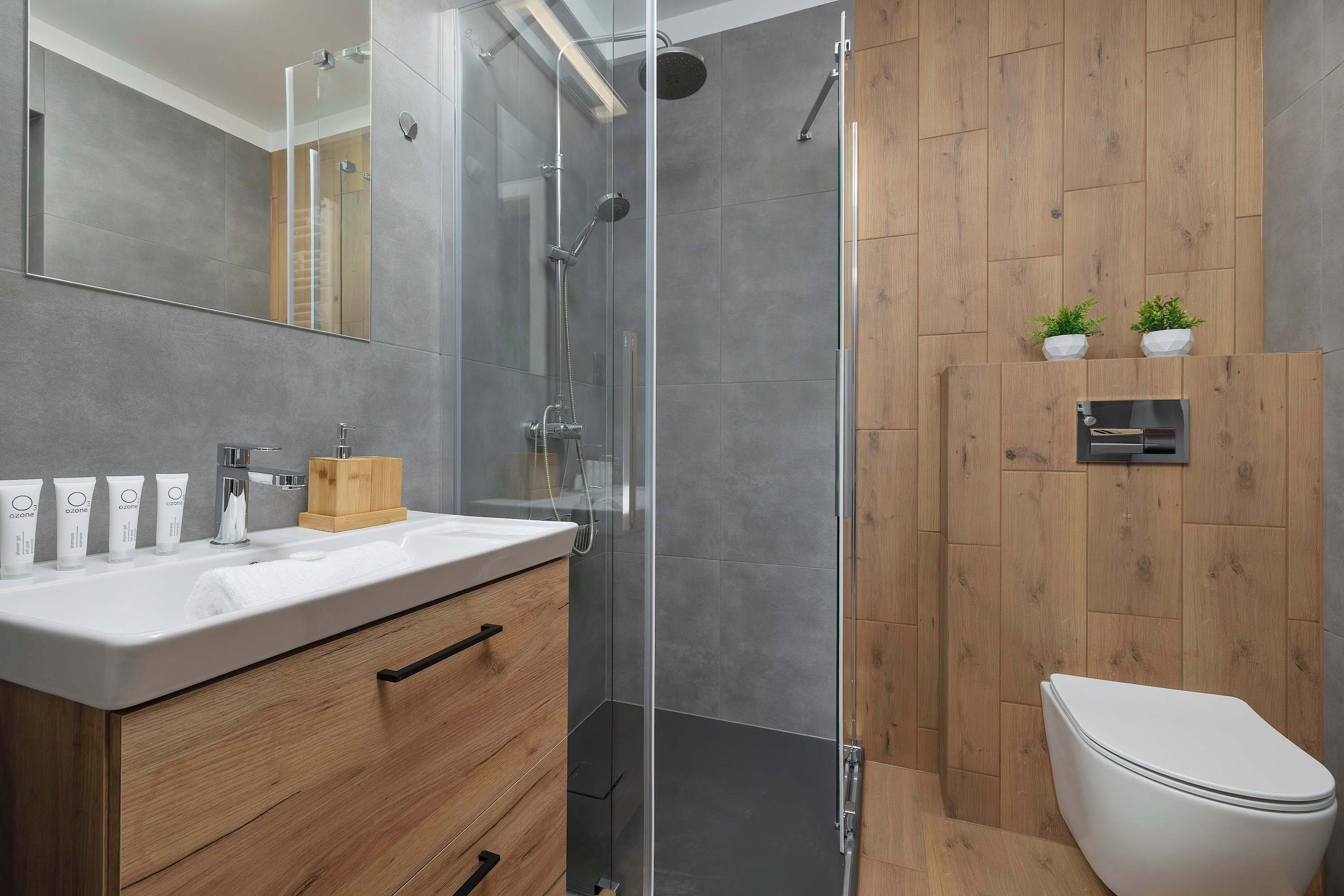 Shower, hair dryer, towels, shampoo