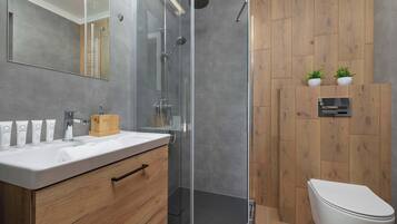 Shower, hair dryer, towels, shampoo