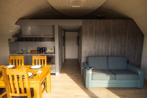 A compact living space with a kitchenette, dining area, and a sofa.