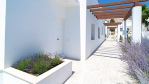 A modern building with a white exterior, a covered walkway, and lavender plants. - Villas de Punta Lara 18 by Casasol (Nerja)