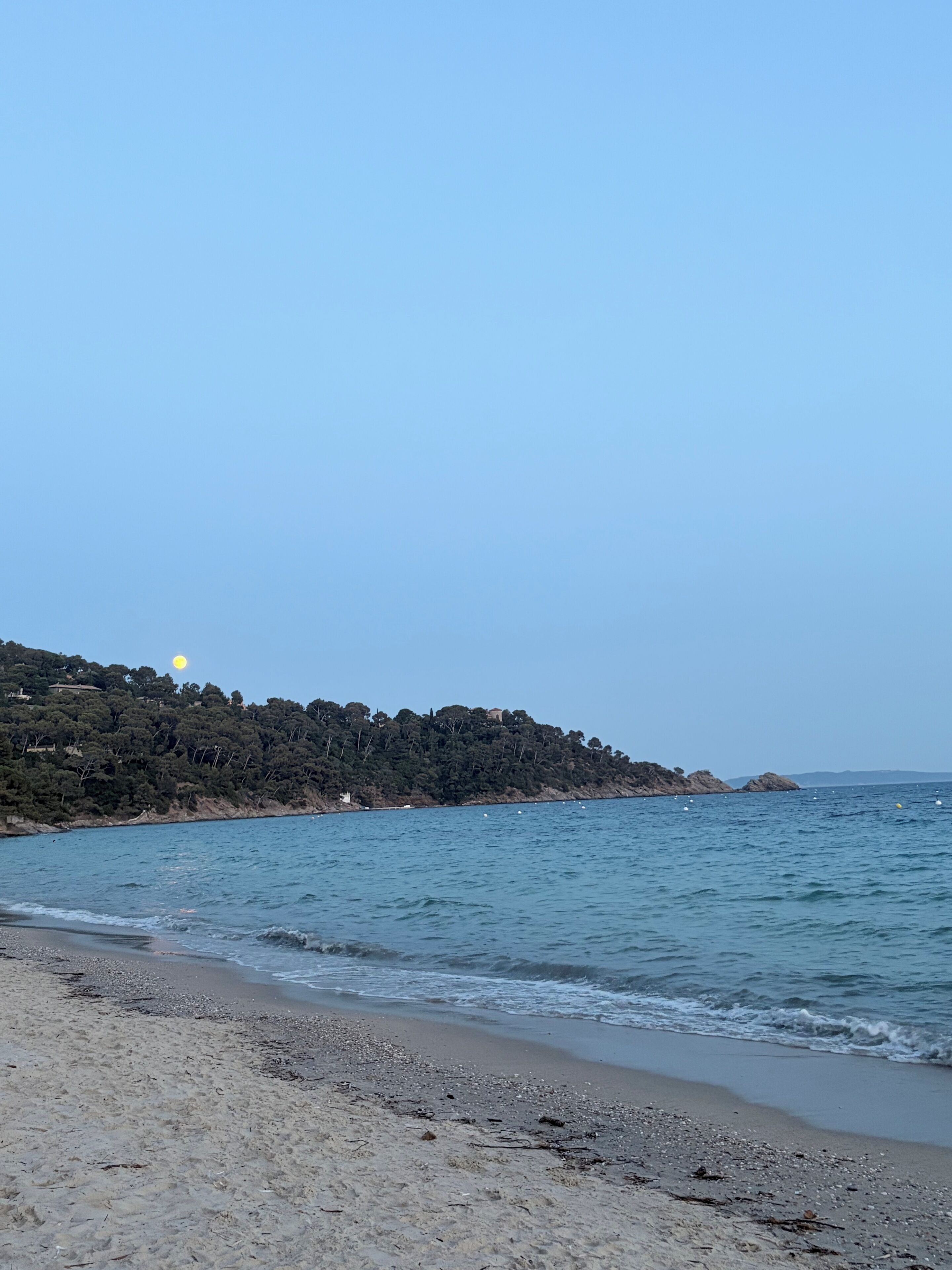 A beach with a clear sky, calm sea, and a distant hill with trees.