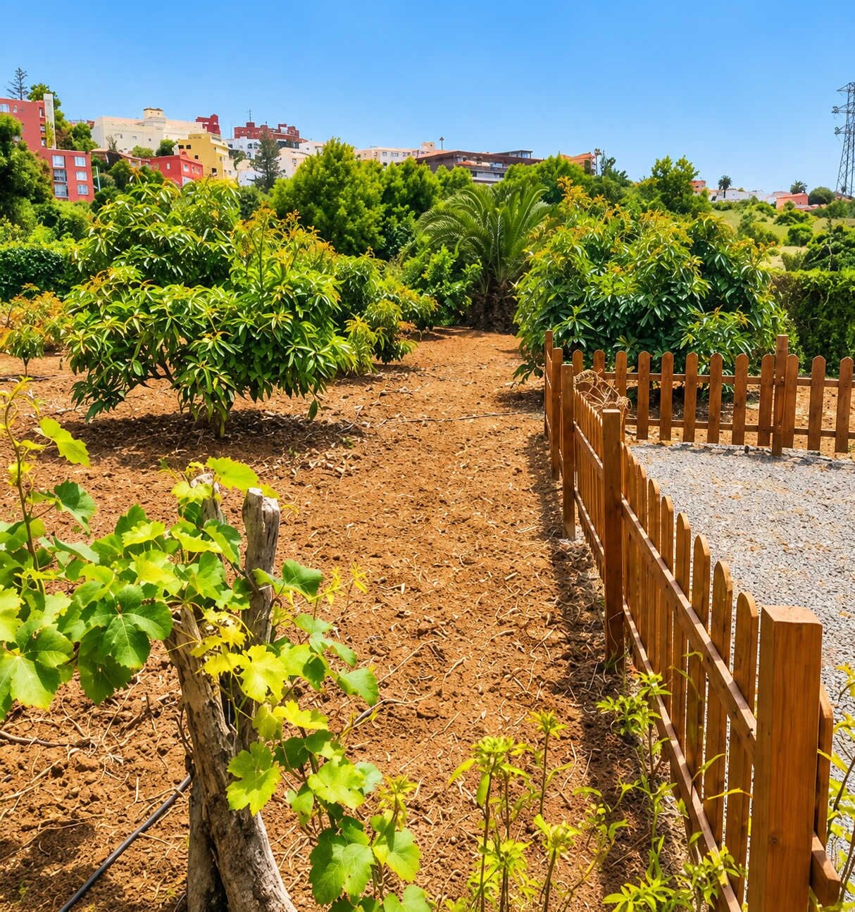 Viñedo con hileras de vid y una valla de madera.