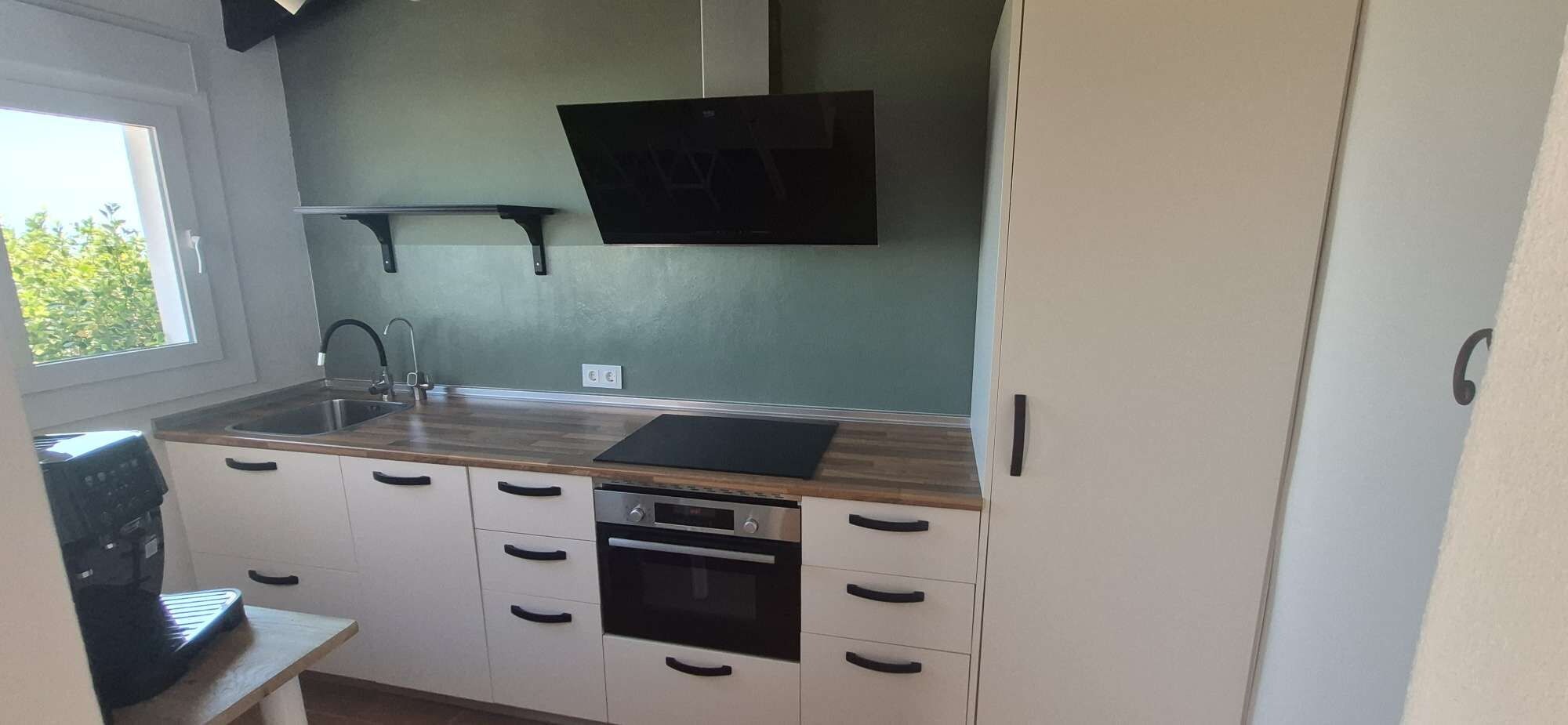 Een kleine keuken met een inbouwoven, een spoelbak en een magnetron.