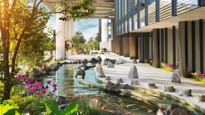 Kolam renang outdoor, dengan payung kolam renang dan kursi berjemur