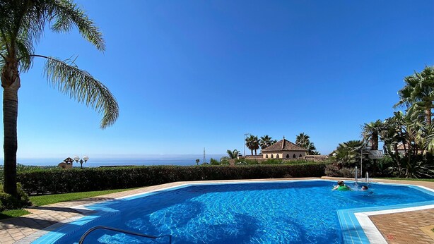 A swimming pool with a clear view of the ocean, surrounded by palm trees and a building in the background. - Senorio de Capistrano by Casasol (Nerja)