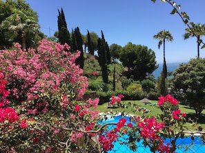 A pool area with a view of the sea, surrounded by lush greenery and tall trees. - Vistas del Mar by Casasol (Nerja)