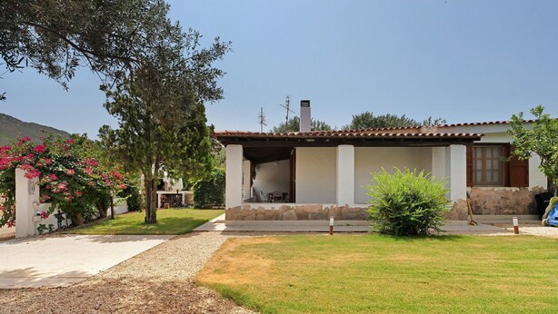 A house with a patio, a stone wall, and a garden with a tree and flowers.