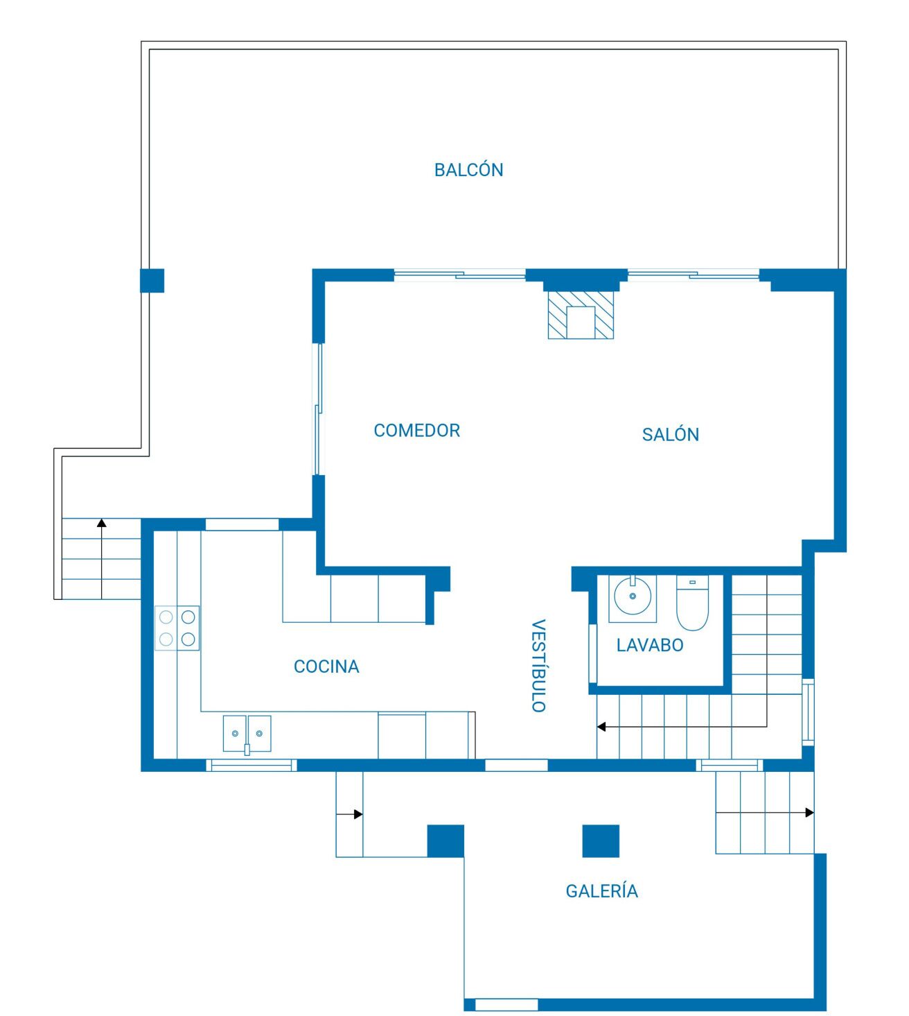 A floor plan with a balcony, kitchen, dining room, living room, and bathroom.