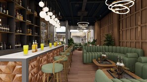 A bar area with shelves of bottles, a counter with stools, and green seating. - Hotel Vaarya Inn (Lucknow)