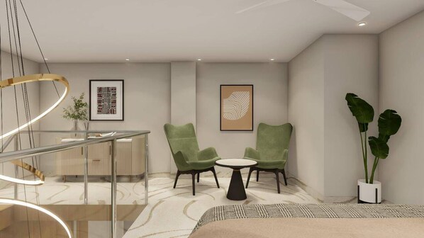 A modern hotel lobby with a staircase, two green armchairs, a round table, and a large potted plant. - Hotel Vaarya Inn (Lucknow)