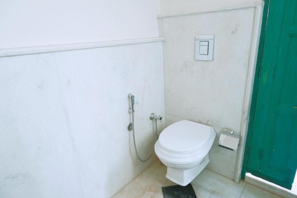 A small, white bathroom with a toilet, a shower, and a green door.