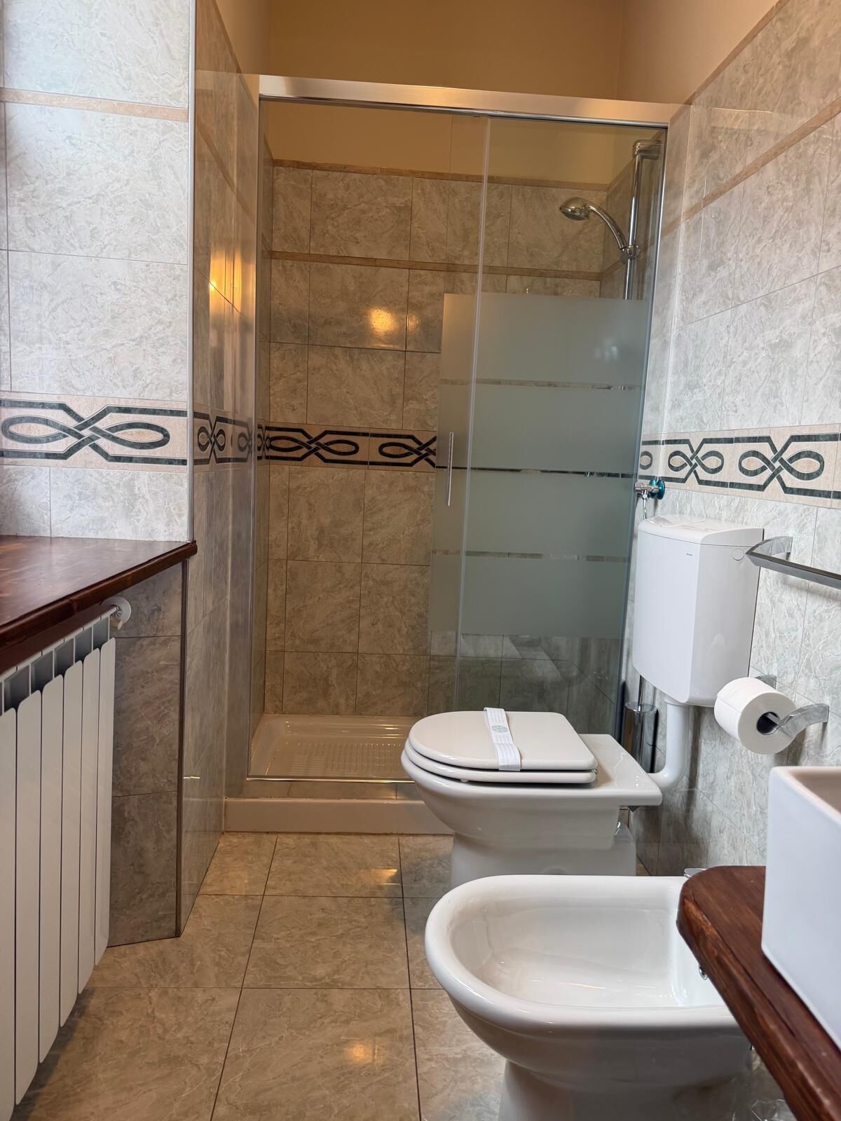 Une salle de bain équipée d’une douche, de toilettes, d’un bidet et d’un radiateur.