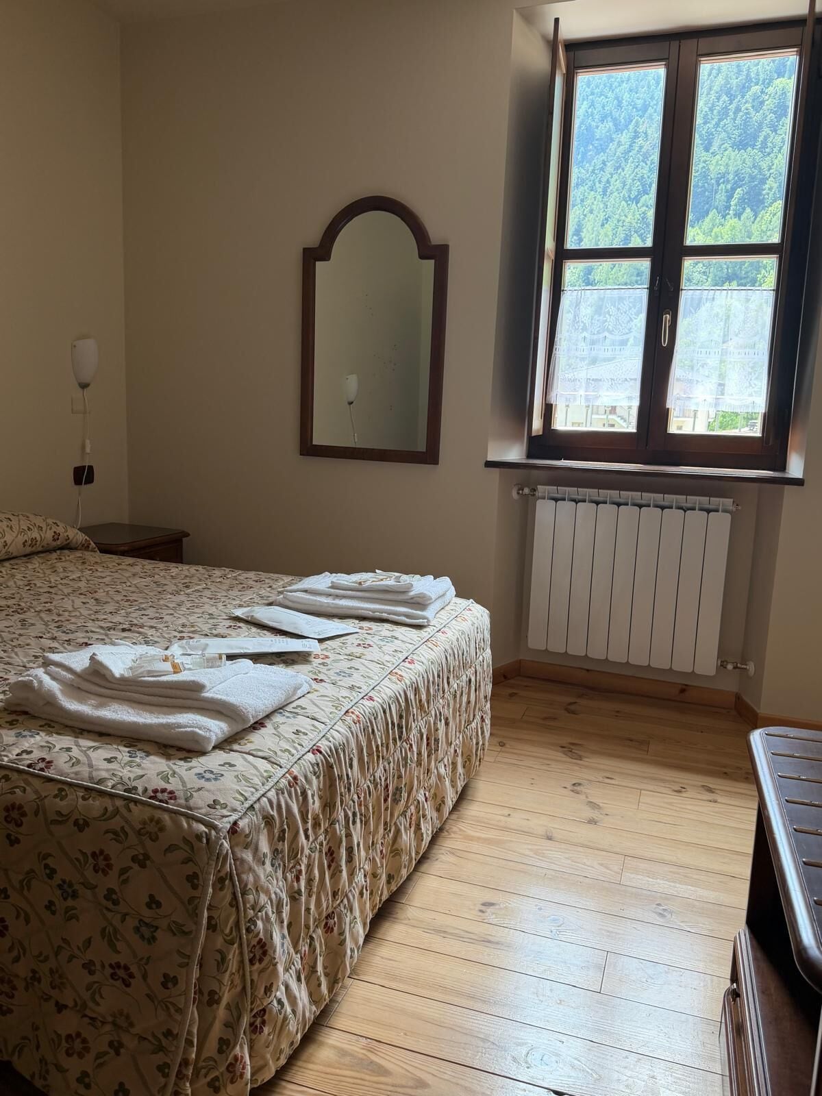 Une chambre à coucher avec un lit, une fenêtre, un radiateur et un miroir au mur.