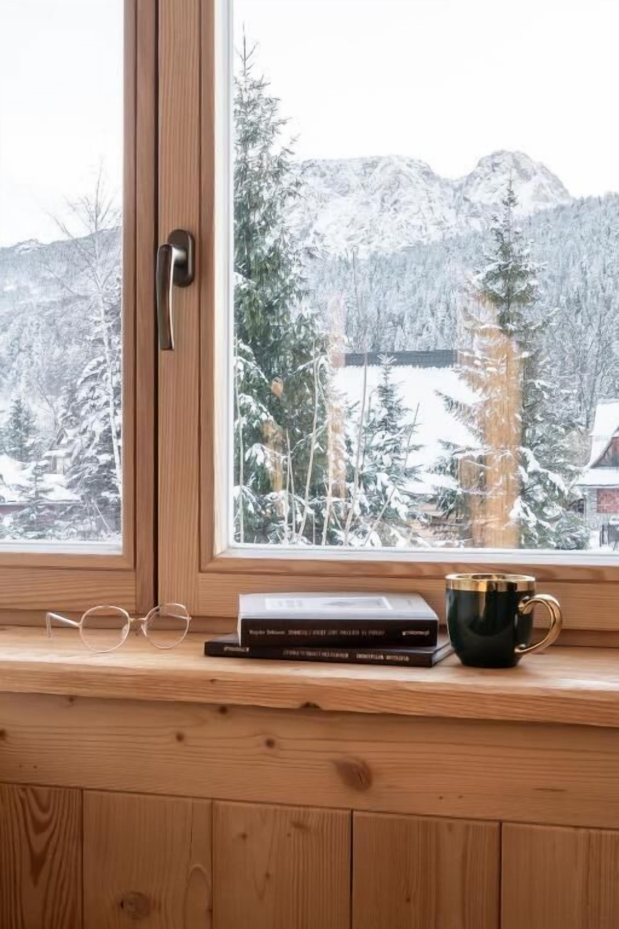 A window with a view of snow-covered trees and mountains, a wooden shelf with a book and a mug, and a door with a handle.