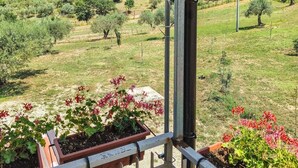 A balcony with potted plants and a view of a rural landscape.