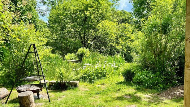 A garden with a swing set and a fire pit. - Off the Beaten Shack | Romantic Woodland Retreat by Bodmin Moor (Launceston)