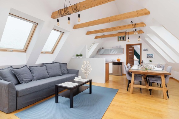 Spacious living room with a comfortable sofa, coffee table, TV, exposed wooden beams, and an open-plan layout connected to the dining area and kitchenette.