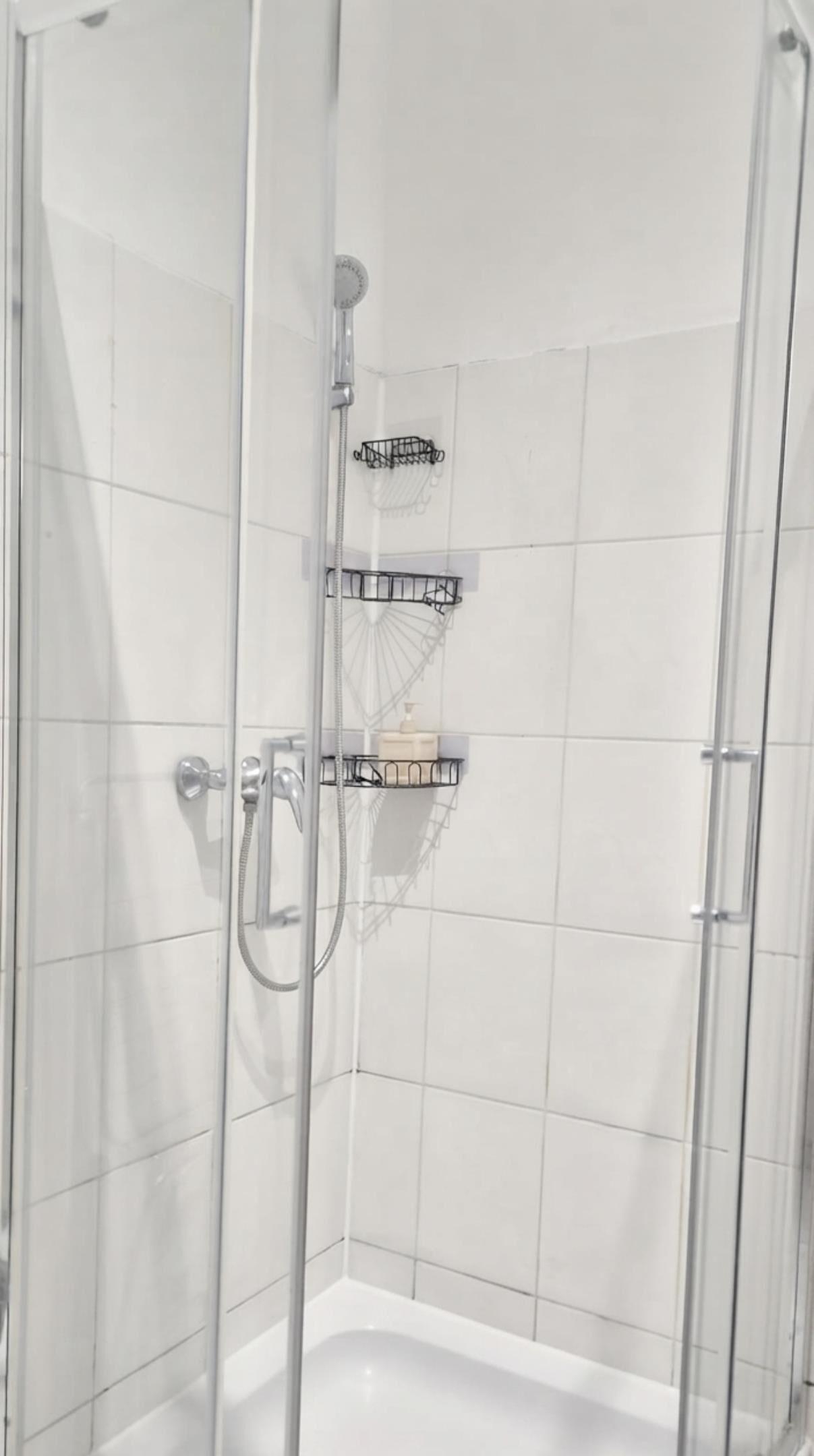Eine Duschkabine mit Handbrause und Wandarmatur.