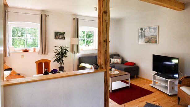 A living room with a wooden beam ceiling, a television, a sofa, a coffee table, and a potted plant. - Gorgeous home in Dobbertin with WiFi (Dobbertin)