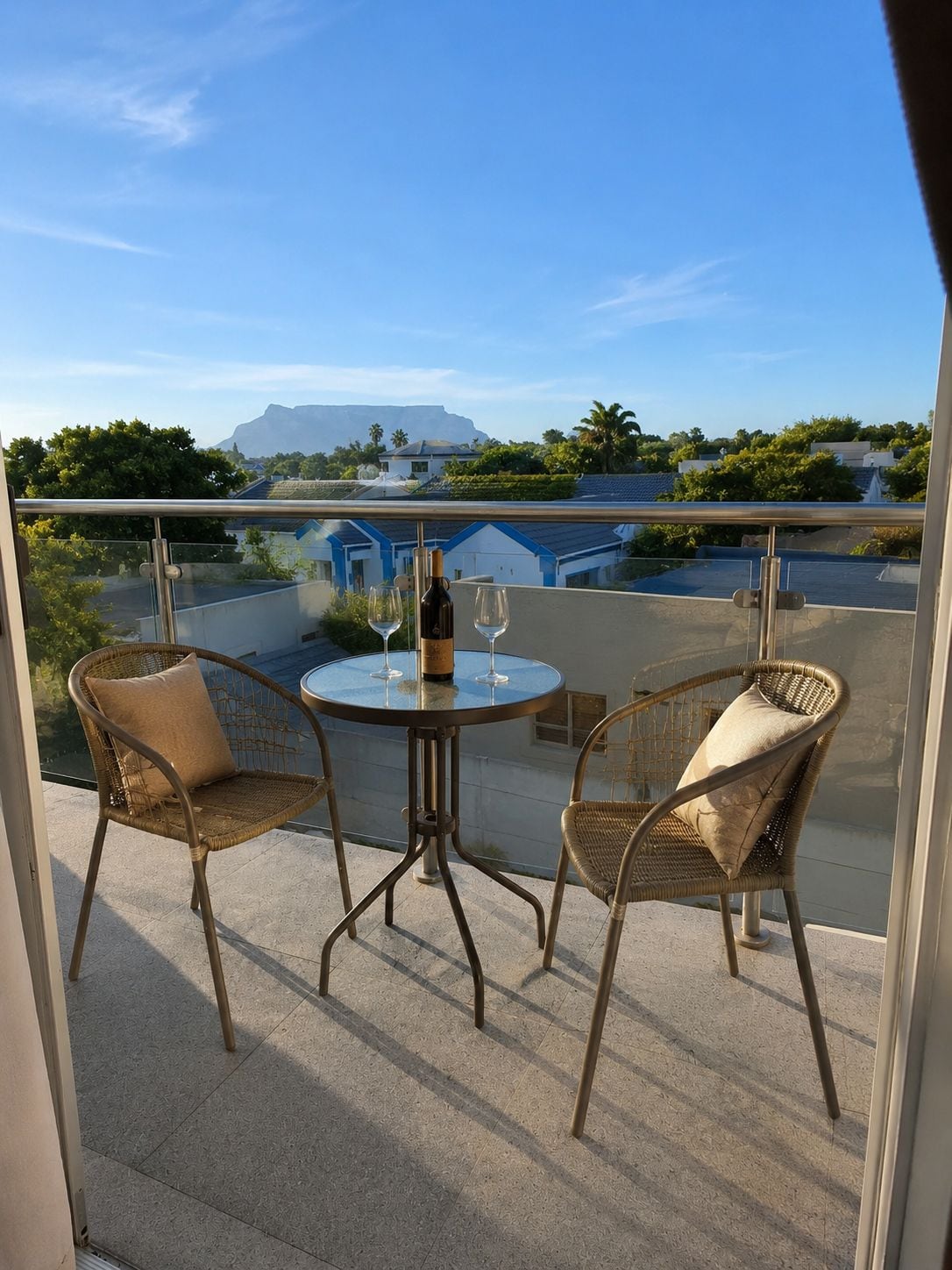 Een balkon met twee rieten stoelen en een ronde tafel, een fles wijn en twee glazen.