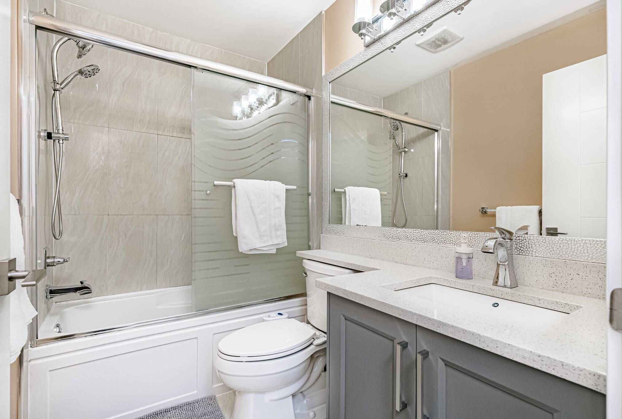 Hair dryer, bidet, towels, soap