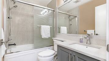 Hair dryer, bidet, towels, soap