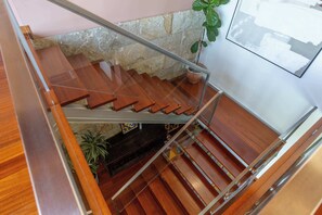 Un escalier en bois avec une rampe en verre, un mur en pierre et une plante en pot.