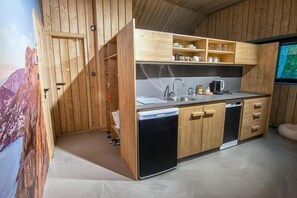 Una cocina compacta con armarios de madera, un lavamanos y un lavavajillas.