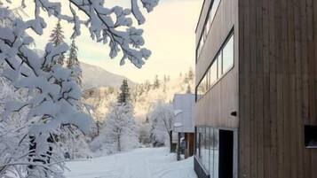 A snow-covered pathway leading to a modern building with a wooden facade and large windows.