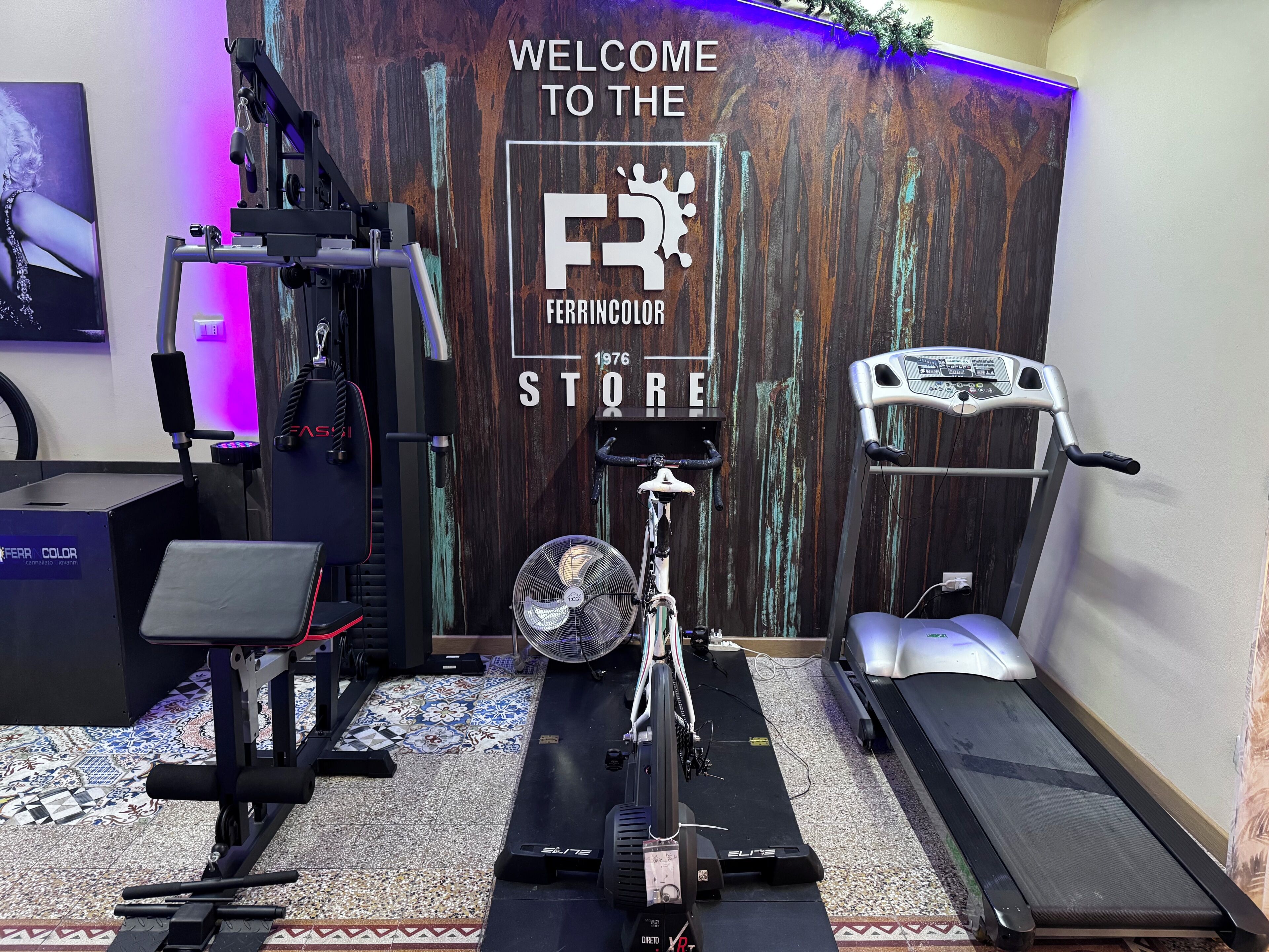 A gym with exercise equipment, a treadmill, and a wall with the text 'WELCOME TO THE FERRINCOLOR STORE 1976'.