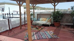 Een terras op het dak met een bed, een bloempot en een kleurrijk vloerkleed.
