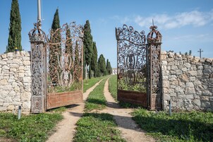 Una reja rústica con detalles de metalurgia, un muro de piedra y un sendero de tierra que se adentra en un paisaje verde.
