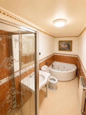 A bathroom with a glass shower enclosure, a bathtub, a toilet, and a sink. - 12A Regency Square (Brighton and Hove)