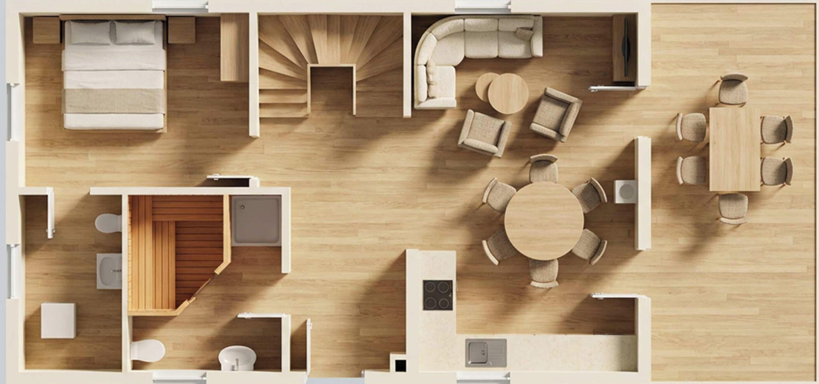 Un interior moderno con sala de estar, comedor, cocina y baño.
